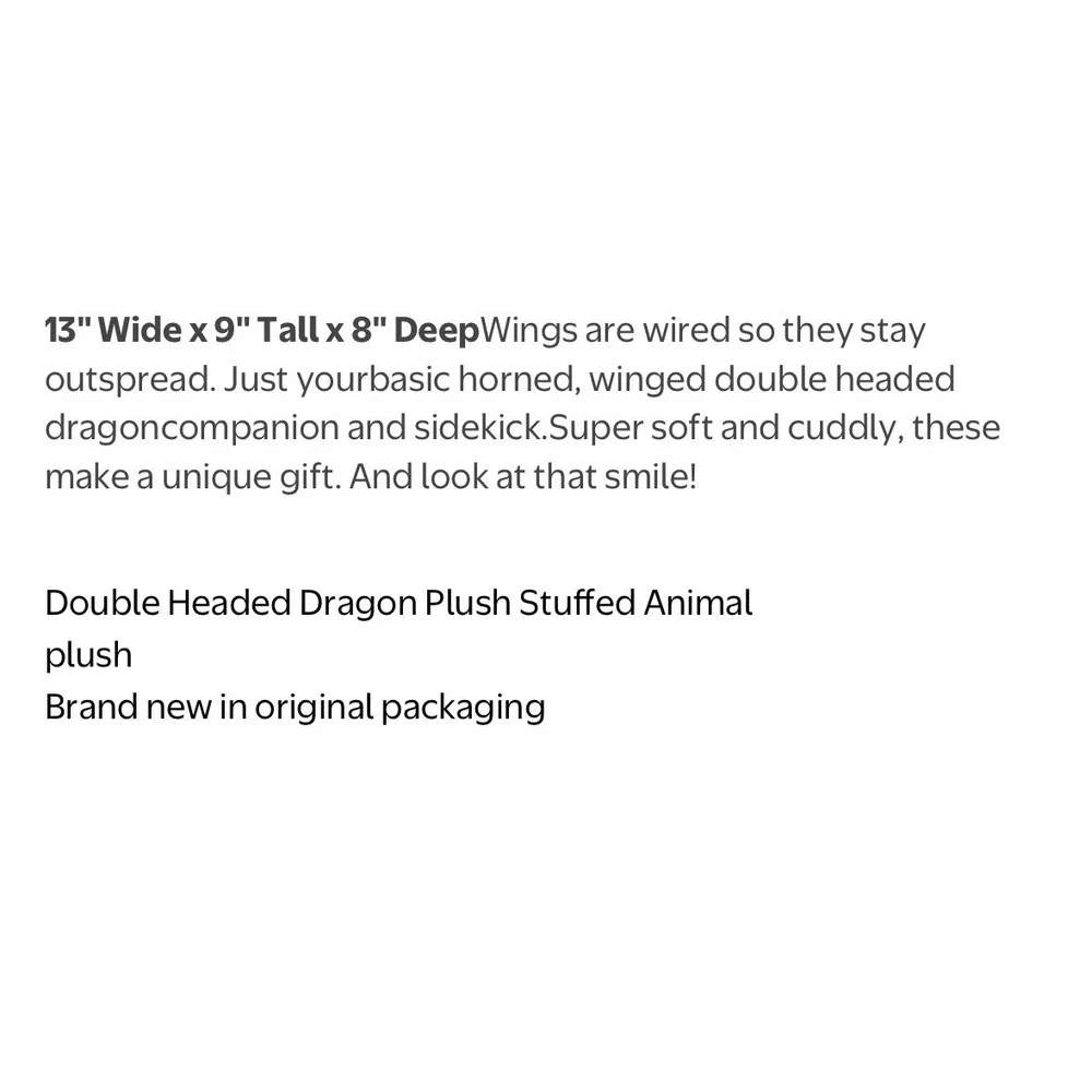 Two Headed Dragon Plush Black Wings‎ Red Eyes Flame Symbol Stuffed Animal Toy